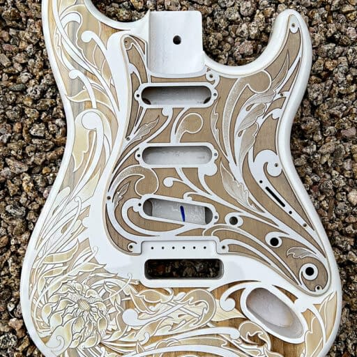 Custom Laser Engraved White Fender Strat Guitar Body with Wood Pickguard & Tremolo Cover SSS, HSS, HSH Setups Available - Image 3
