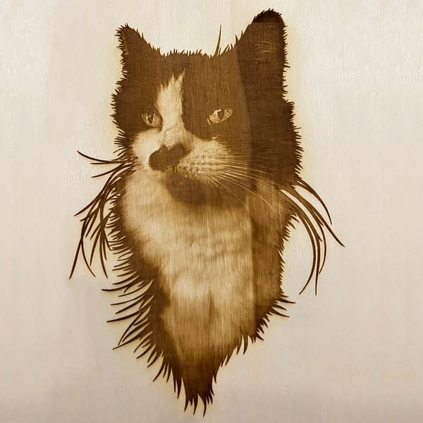 Elegant tuxedo cat portrait laser engraved on Poplar Wood