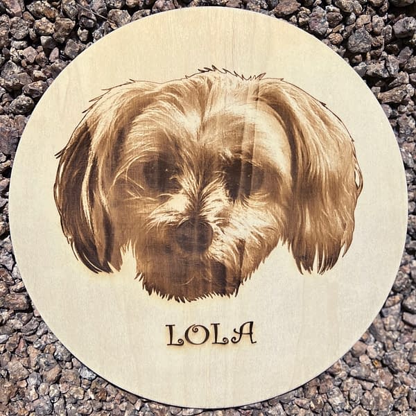 Cute white lapdog portrait with name Lola Laser engraved on Poplar Wood Circle lying on rocks.