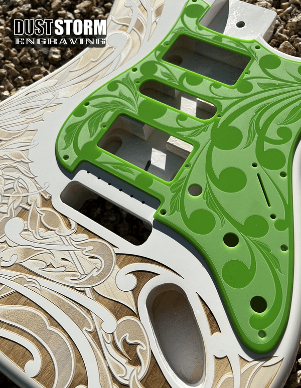 Custom Laser Engraved White Fender Strat Guitar Body with Glossy Slimer Green Acrylic Pickguard & Tremolo Cover HSH, HSS, SSS Setups Available - Image 3