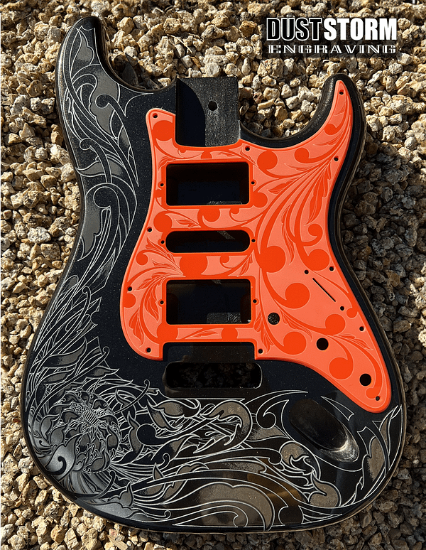 Custom Laser Engraved Black Fender Strat Guitar Body with Glossy Orange Acrylic Pickguard & Tremolo Cover HSH, HSS, SSS Setups Available - Image 4