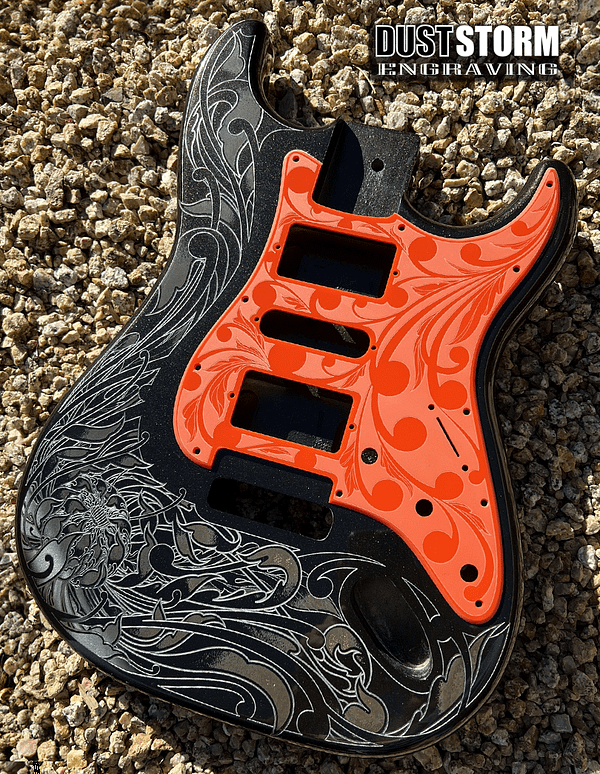 Custom Laser Engraved Black Fender Strat Guitar Body with Glossy Orange Acrylic Pickguard & Tremolo Cover HSH, HSS, SSS Setups Available - Image 2