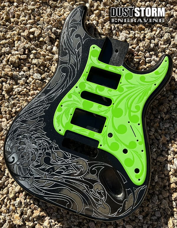 Custom Laser Engraved Black Fender Strat Guitar Body with Glossy Slimer Green Acrylic Pickguard & Tremolo Cover HSH, HSS, SSS Setups Available - Image 2