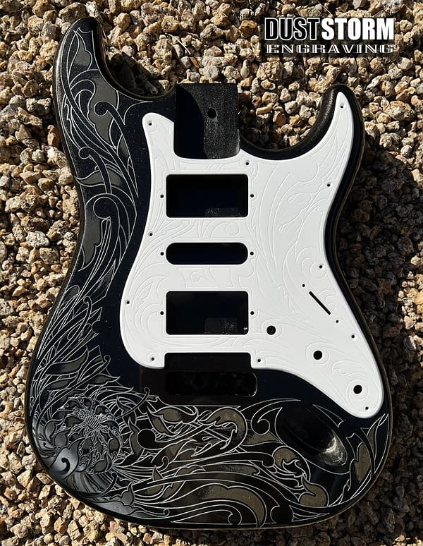 Custom Laser Engraved Black Fender Strat Guitar Body with Glossy White Acrylic Pickguard & Tremolo Cover HSH, HSS, SSS Setups Available - Image 4