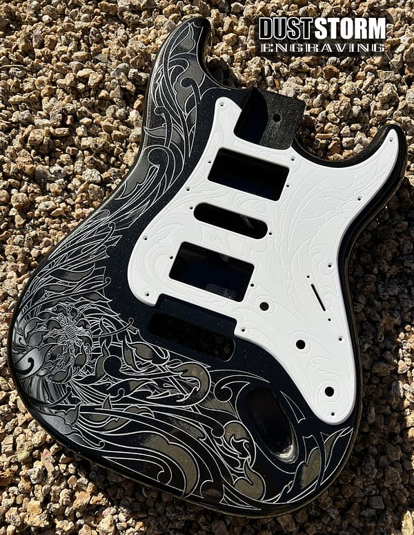 Custom Laser Engraved Black Fender Strat Guitar Body with Glossy White Acrylic Pickguard & Tremolo Cover HSH, HSS, SSS Setups Available - Image 2