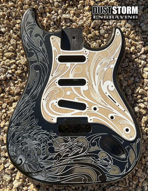 Custom Laser Engraved Black Fender Strat Guitar Body with Wood Pickguard & Tremolo Cover SSS, HSS, HSH Setups Available - Image 4