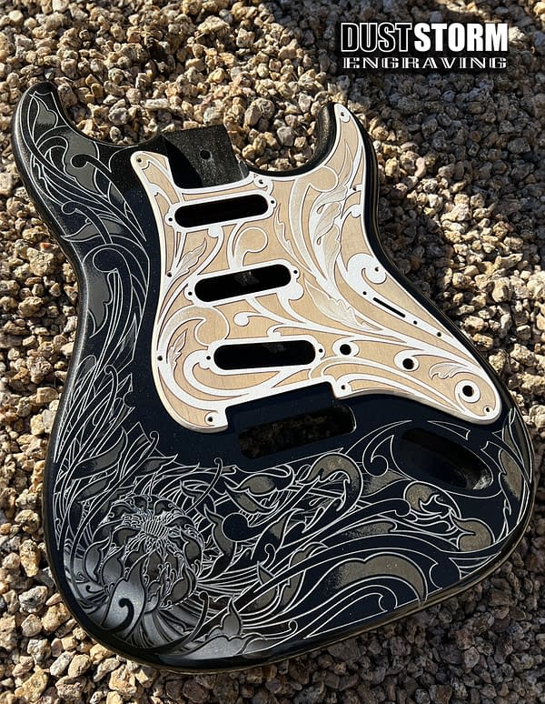 Custom Laser Engraved Black Fender Strat Guitar Body with Wood Pickguard & Tremolo Cover SSS, HSS, HSH Setups Available - Image 2