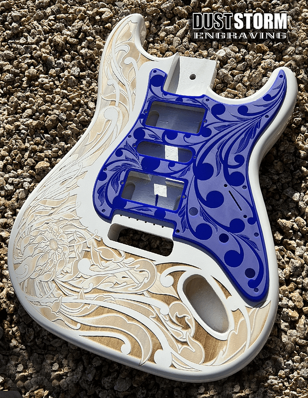 Custom Laser Engraved White Fender Strat Guitar Body with Glossy Blue Acrylic Pickguard & Tremolo Cover HSH, HSS, SSS Setups Available - Image 2