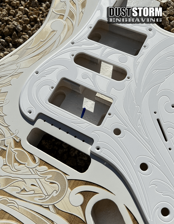 Engraved White Acrylic Pickguard & Tremolo Cover for Fender Stratocaster SSS, HSS, HSH Setups Available - Image 3