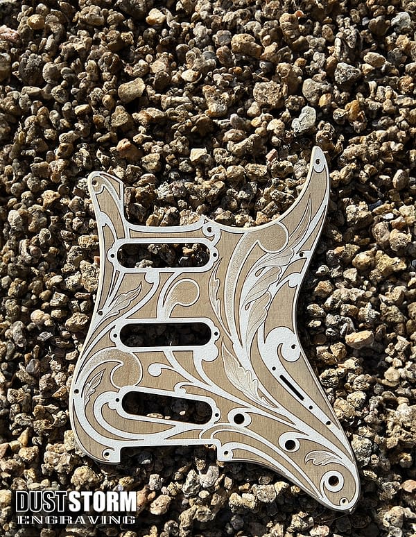 Custom Laser Engraved Black Fender Strat Guitar Body with Wood Pickguard & Tremolo Cover SSS, HSS, HSH Setups Available - Image 6