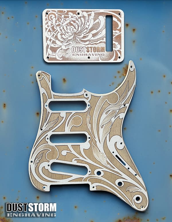 Custom Laser Engraved Black Fender Strat Guitar Body with Wood Pickguard & Tremolo Cover SSS, HSS, HSH Setups Available - Image 3