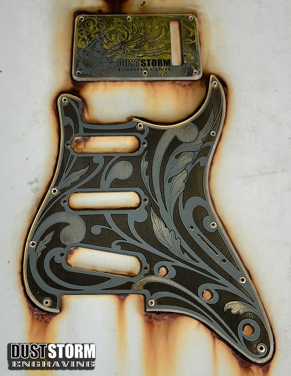 Engraved Yellow Gold Mirror Acrylic Pickguard & Tremolo Cover for Fender Stratocaster SSS, HSH, HSS Setups Available