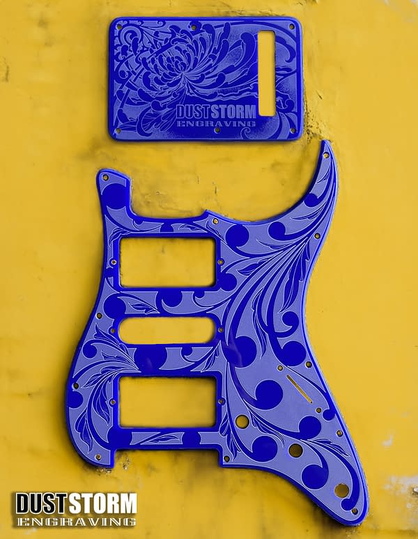 Custom Laser Engraved White Fender Strat Guitar Body with Glossy Blue Acrylic Pickguard & Tremolo Cover HSH, HSS, SSS Setups Available - Image 3