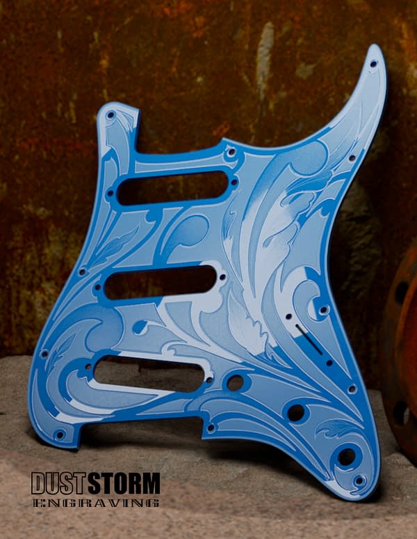 Custom Laser Engraved White Fender Strat Guitar Body with Glossy Sky-Blue Acrylic Pickguard & Tremolo Cover HSH, HSS, SSS Setups Available - Image 5