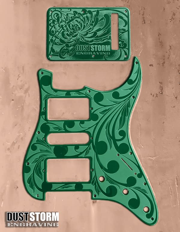 Engraved Glossy Forest Green Acrylic Pickguard & Tremolo Cover Design #2 for Fender Stratocaster HSH, HSS, SSS Setups Available