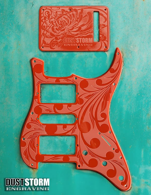 Custom Laser Engraved White Fender Strat Guitar Body with Glossy Orange Acrylic Pickguard & Tremolo Cover HSH, HSS, SSS Setups Available - Image 2