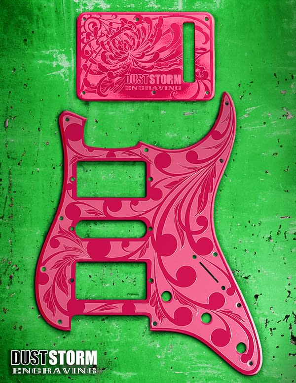 Engraved Glossy Hot Pink Acrylic Pickguard & Tremolo Cover Design #2 for Fender Stratocaster HSH, HSS, SSS Setups Available