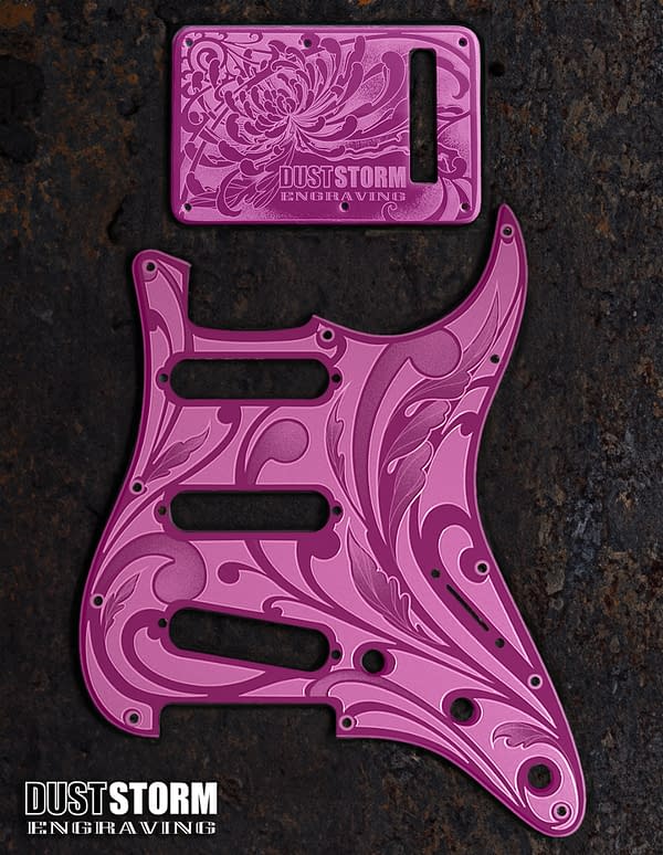 Engraved Glossy Purple Acrylic Pickguard & Tremolo Cover for Fender Stratocaster HSH, HSS, SSS Setups Available - Image 2