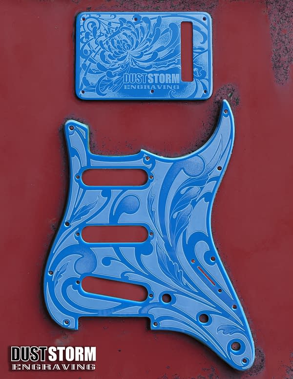 Custom Laser Engraved White Fender Strat Guitar Body with Glossy Sky-Blue Acrylic Pickguard & Tremolo Cover HSH, HSS, SSS Setups Available - Image 4