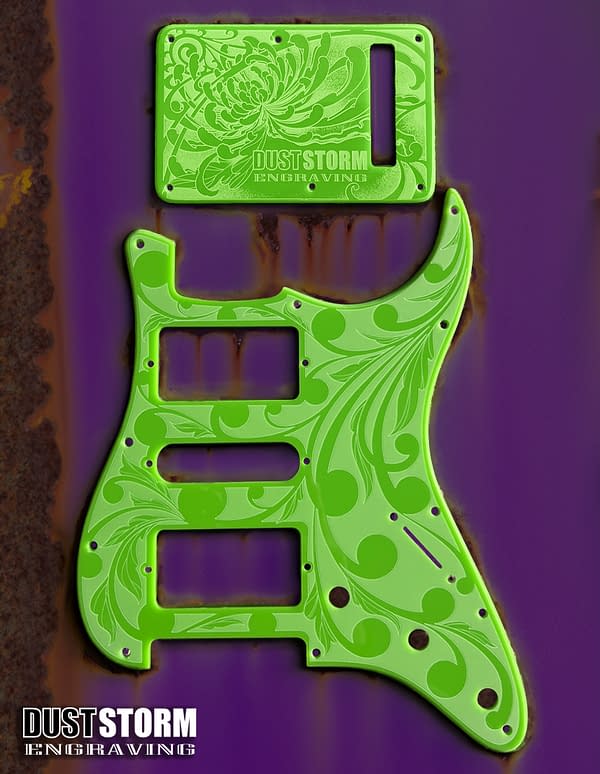 Custom Laser Engraved White Fender Strat Guitar Body with Glossy Slimer Green Acrylic Pickguard & Tremolo Cover HSH, HSS, SSS Setups Available - Image 2