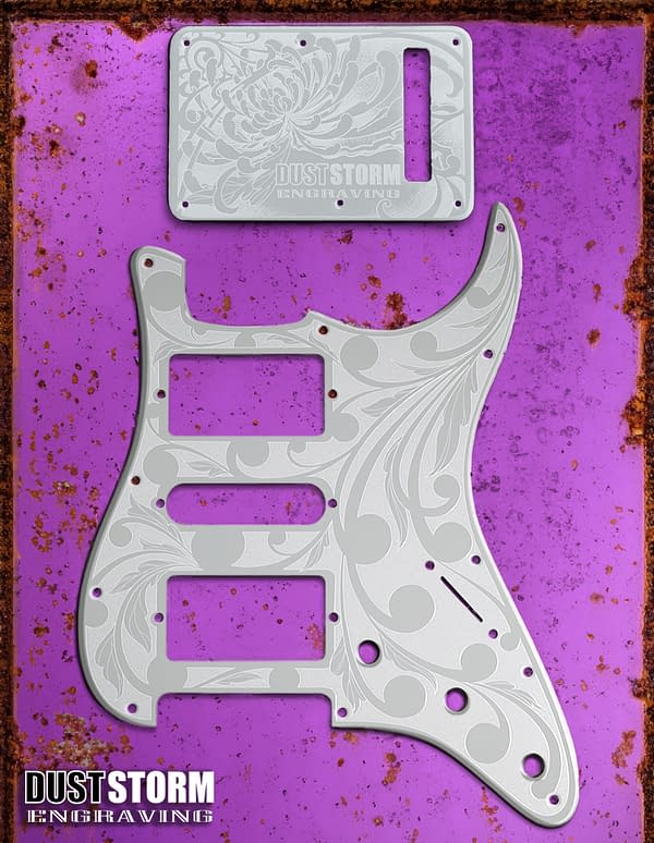 Engraved Glossy White Acrylic Pickguard & Tremolo Cover Design # 2 for Fender Stratocaster HSH, HSS, SSS Setups Available