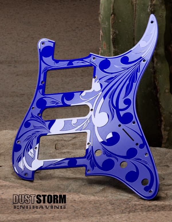 Custom Laser Engraved White Fender Strat Guitar Body with Glossy Blue Acrylic Pickguard & Tremolo Cover HSH, HSS, SSS Setups Available - Image 6