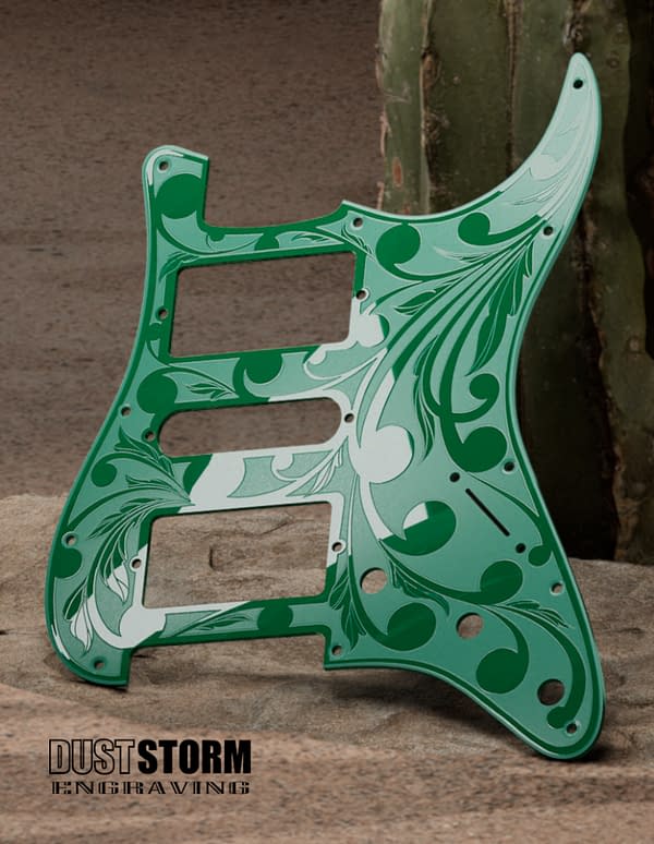 Engraved Glossy Forest Green Acrylic Pickguard & Tremolo Cover Design #2 for Fender Stratocaster HSH, HSS, SSS Setups Available - Image 2