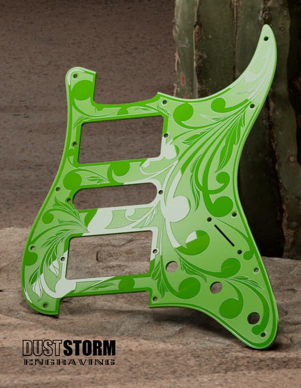 Custom Laser Engraved White Fender Strat Guitar Body with Glossy Slimer Green Acrylic Pickguard & Tremolo Cover HSH, HSS, SSS Setups Available - Image 4
