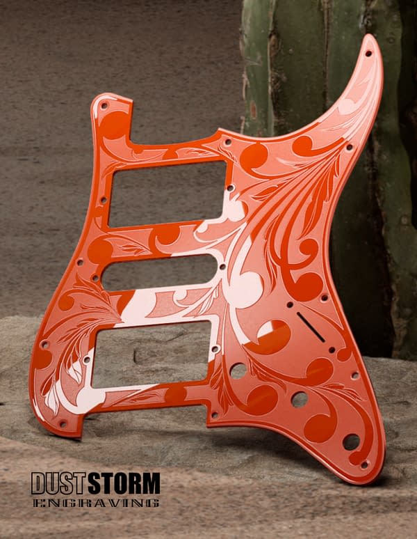 Custom Laser Engraved White Fender Strat Guitar Body with Glossy Orange Acrylic Pickguard & Tremolo Cover HSH, HSS, SSS Setups Available - Image 4