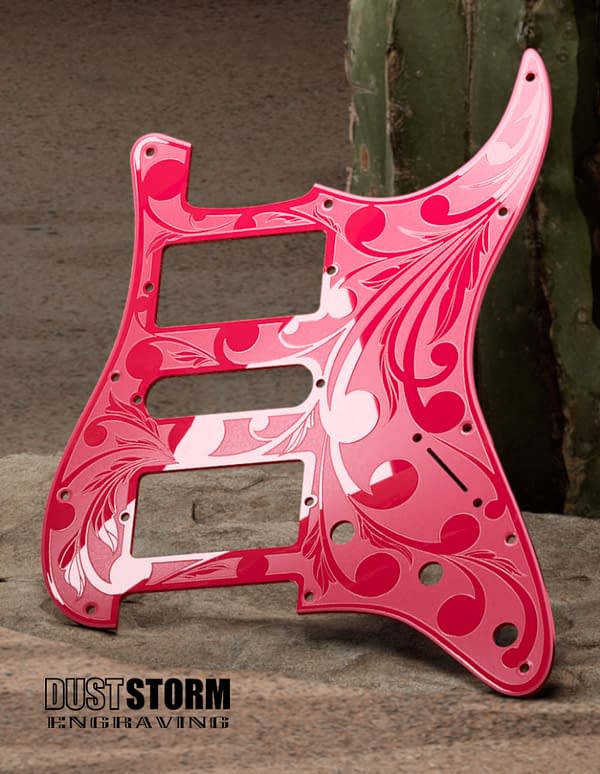 Engraved Glossy Hot Pink Acrylic Pickguard & Tremolo Cover Design #2 for Fender Stratocaster HSH, HSS, SSS Setups Available - Image 2