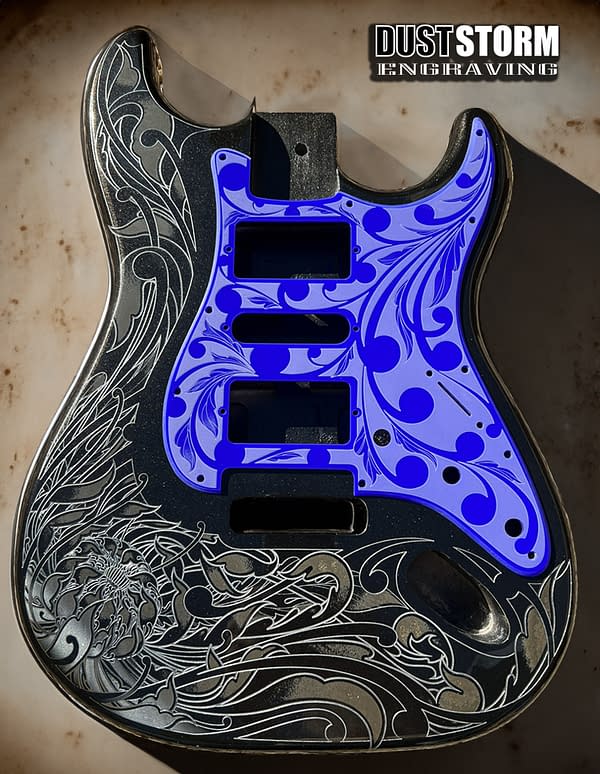 Engraved Glossy Blue Acrylic Pickguard & Tremolo Cover Design # 2 for Fender Stratocaster HSH, HSS, SSS Setups Available - Image 6