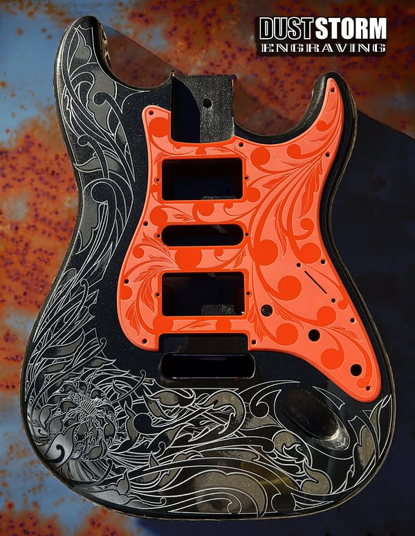 Custom Laser Engraved Black Fender Strat Guitar Body with Glossy Orange Acrylic Pickguard & Tremolo Cover HSH, HSS, SSS Setups Available