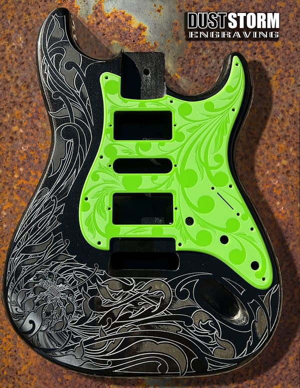 Custom Laser Engraved Black Fender Strat Guitar Body with Glossy Slimer Green Acrylic Pickguard & Tremolo Cover HSH, HSS, SSS Setups Available