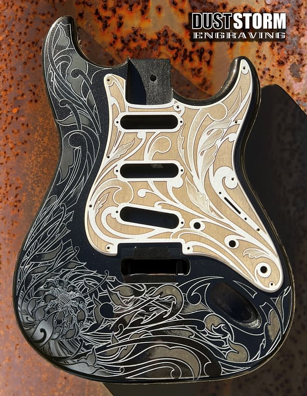 Custom Laser Engraved Black Fender Strat Guitar Body with Wood Pickguard & Tremolo Cover SSS, HSS, HSH Setups Available
