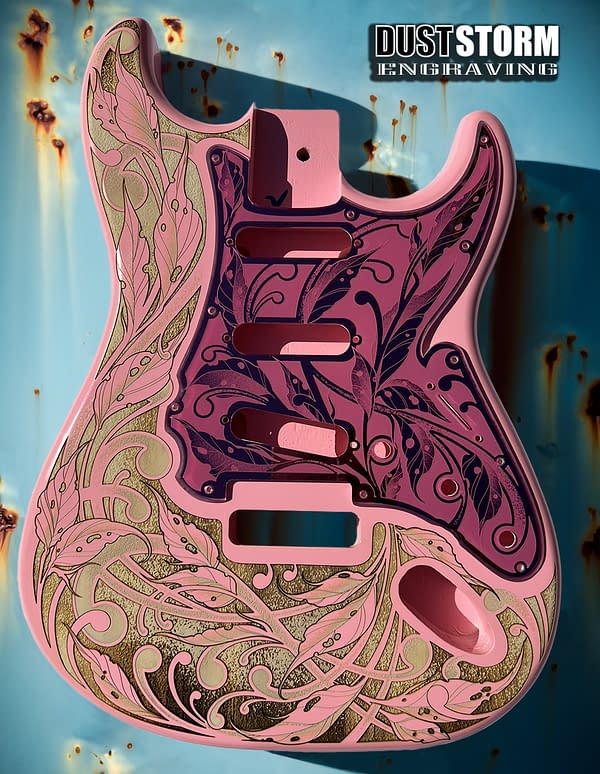 Engraved Pink Mirror Acrylic Pickguard & Tremolo Cover Design #3 for Fender Stratocaster HSH, HSS, SSS Setups Available - Image 5