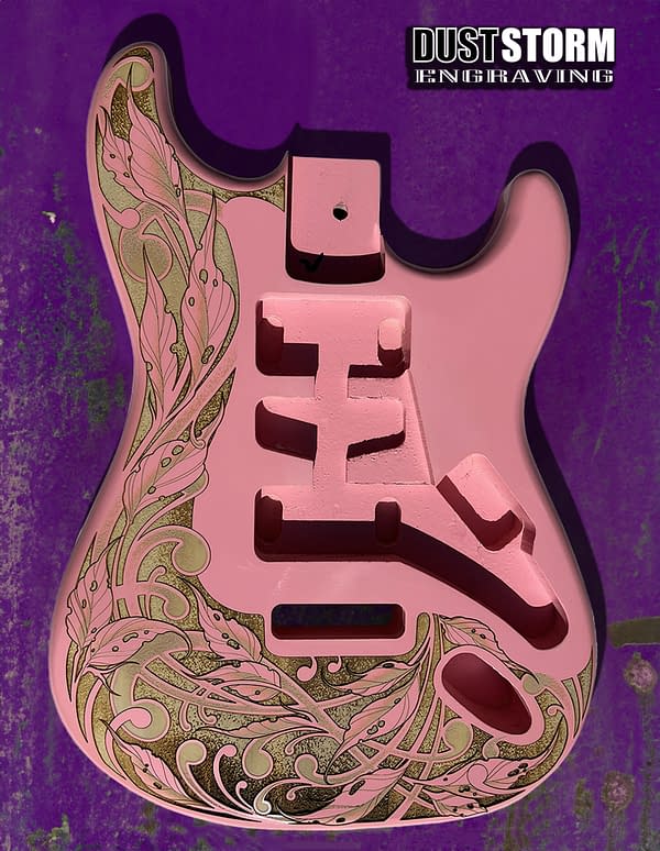 Engraved Pink Fender Strat Guitar Body with Copper Acrylic Mirror Pickguard & Tremolo Cover HSH, HSS, SSS Setups Available - Image 4