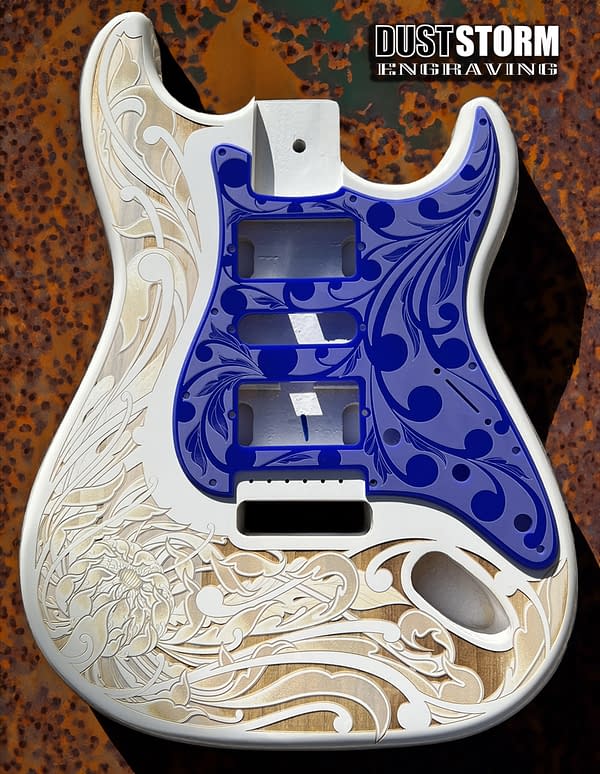 Custom Laser Engraved White Fender Strat Guitar Body with Glossy Blue Acrylic Pickguard & Tremolo Cover HSH, HSS, SSS Setups Available