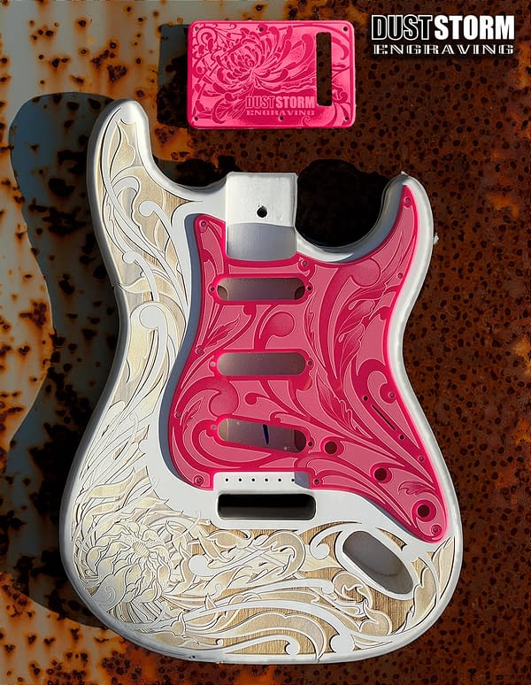 Engraved Glossy Hot Pink Acrylic Pickguard & Tremolo Cover for Fender Stratocaster SSS, HSS, HSH Setups Available - Image 4