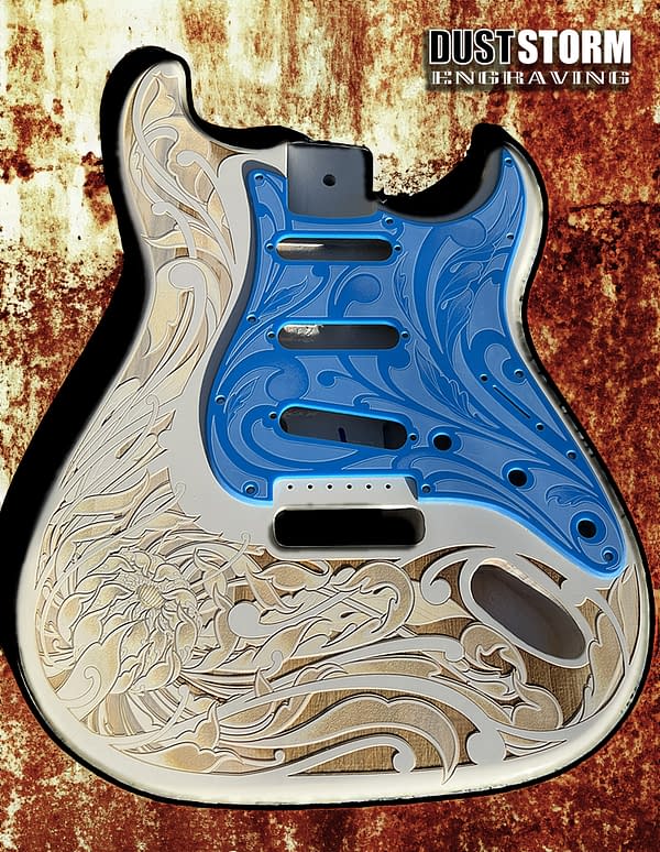 Custom Laser Engraved White Fender Strat Guitar Body with Glossy Sky-Blue Acrylic Pickguard & Tremolo Cover HSH, HSS, SSS Setups Available