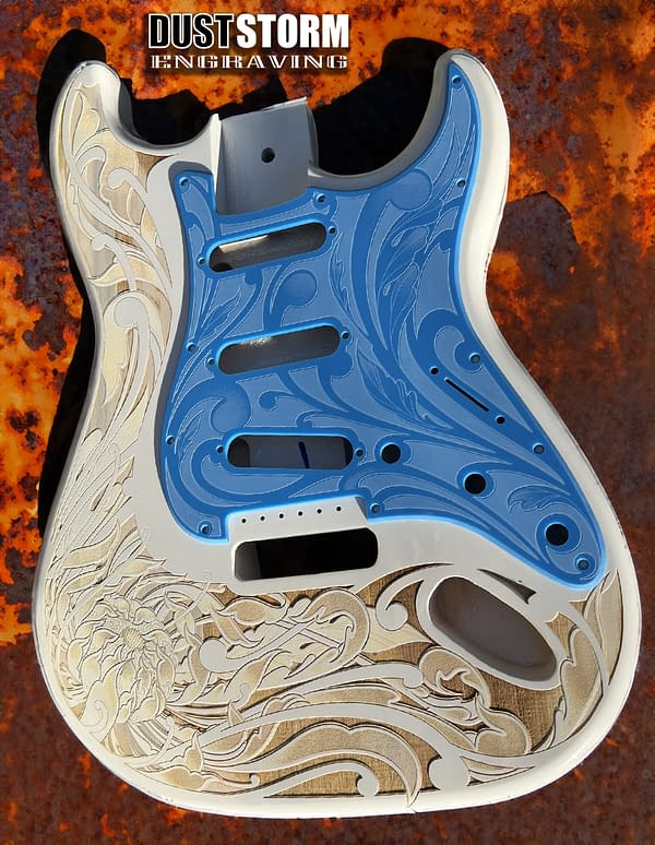 Custom Laser Engraved White Fender Strat Guitar Body with Glossy Sky-Blue Acrylic Pickguard & Tremolo Cover HSH, HSS, SSS Setups Available - Image 3