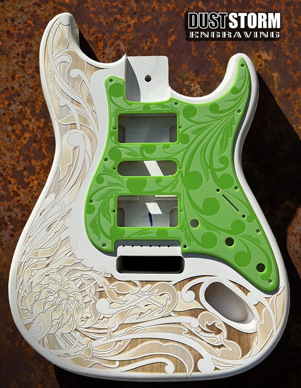 Custom Laser Engraved White Fender Strat Guitar Body with Glossy Slimer Green Acrylic Pickguard & Tremolo Cover HSH, HSS, SSS Setups Available