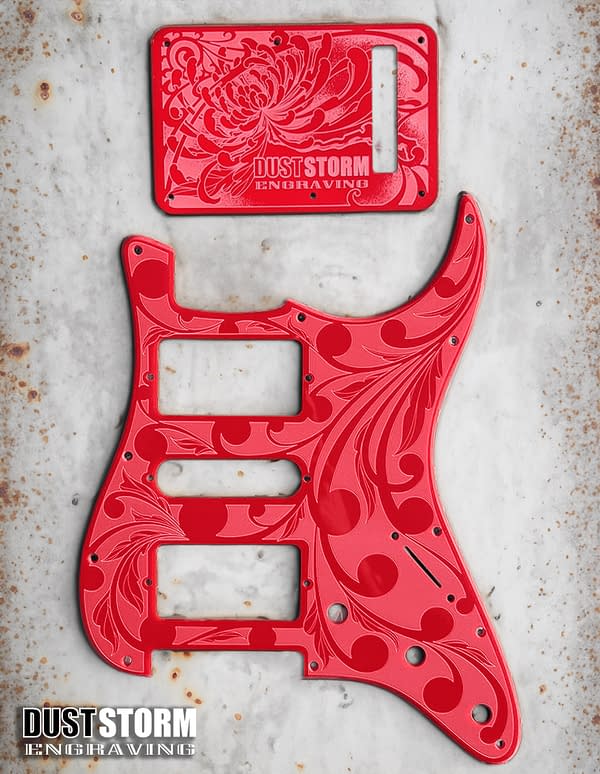 Engraved Glossy Red Acrylic Pickguard & Tremolo Cover Design #2 for Fender Stratocaster HSH, HSS, SSS Setups Available