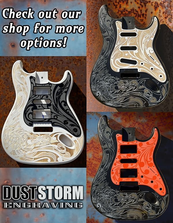 Custom Laser Engraved White Fender Strat Guitar Body with Glossy Blue Acrylic Pickguard & Tremolo Cover HSH, HSS, SSS Setups Available - Image 10