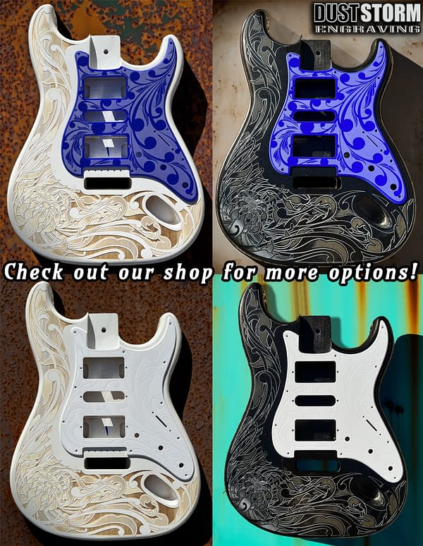 Custom Laser Engraved White Fender Strat Guitar Body with Glossy Orange Acrylic Pickguard & Tremolo Cover HSH, HSS, SSS Setups Available - Image 10