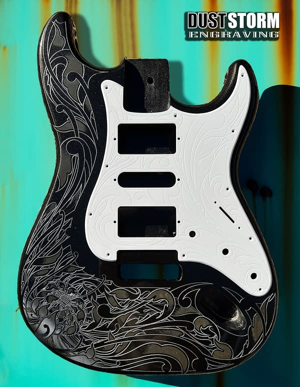 Custom Laser Engraved Black Fender Strat Guitar Body with Glossy White Acrylic Pickguard & Tremolo Cover HSH, HSS, SSS Setups Available