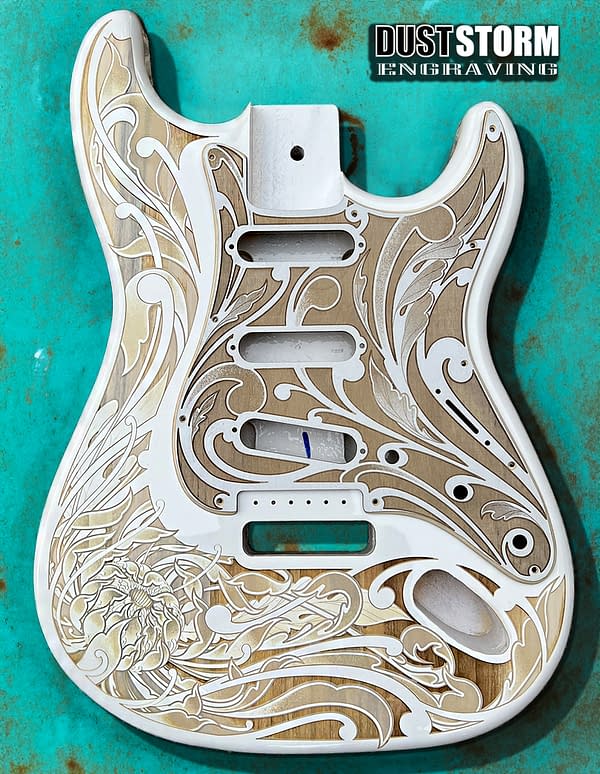 Custom Laser Engraved White Fender Strat Guitar Body with Wood Pickguard & Tremolo Cover SSS, HSS, HSH Setups Available