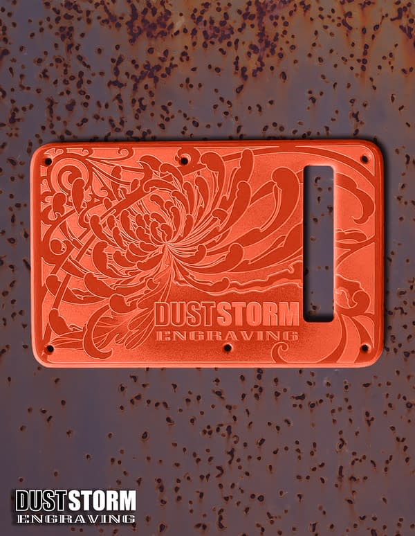 Engraved Glossy Orange Acrylic Pickguard & Tremolo Cover for Fender Stratocaster SSS, HSS, HSH Setups Available - Image 3