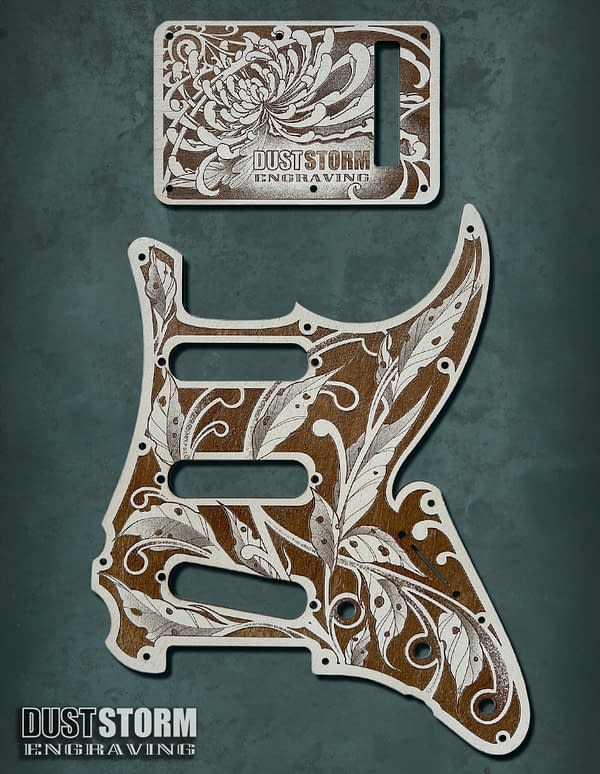 Engraved Wood Pickguard & Tremolo Cover for Fender Stratocaster Design #3 SSS, HSS, HSH Setups Available