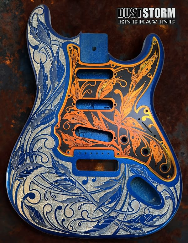 Custom Laser Engraved Blue Sparkle and White Fender Strat Guitar Body with Iridescent Gold Mirror Pickguard & Tremolo Cover HSH, HSS, SSS Setup Available