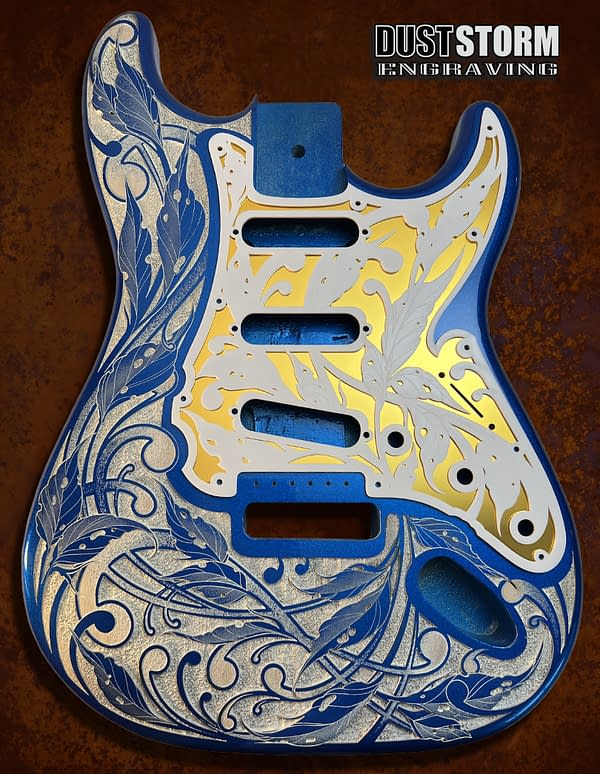 Fender Strat Guitar Body Custom Laser Engraved Blue Sparkle and White with White and Gold Mirror Pickguard & Tremolo Cover HSH, HSS, SSS Setup Available